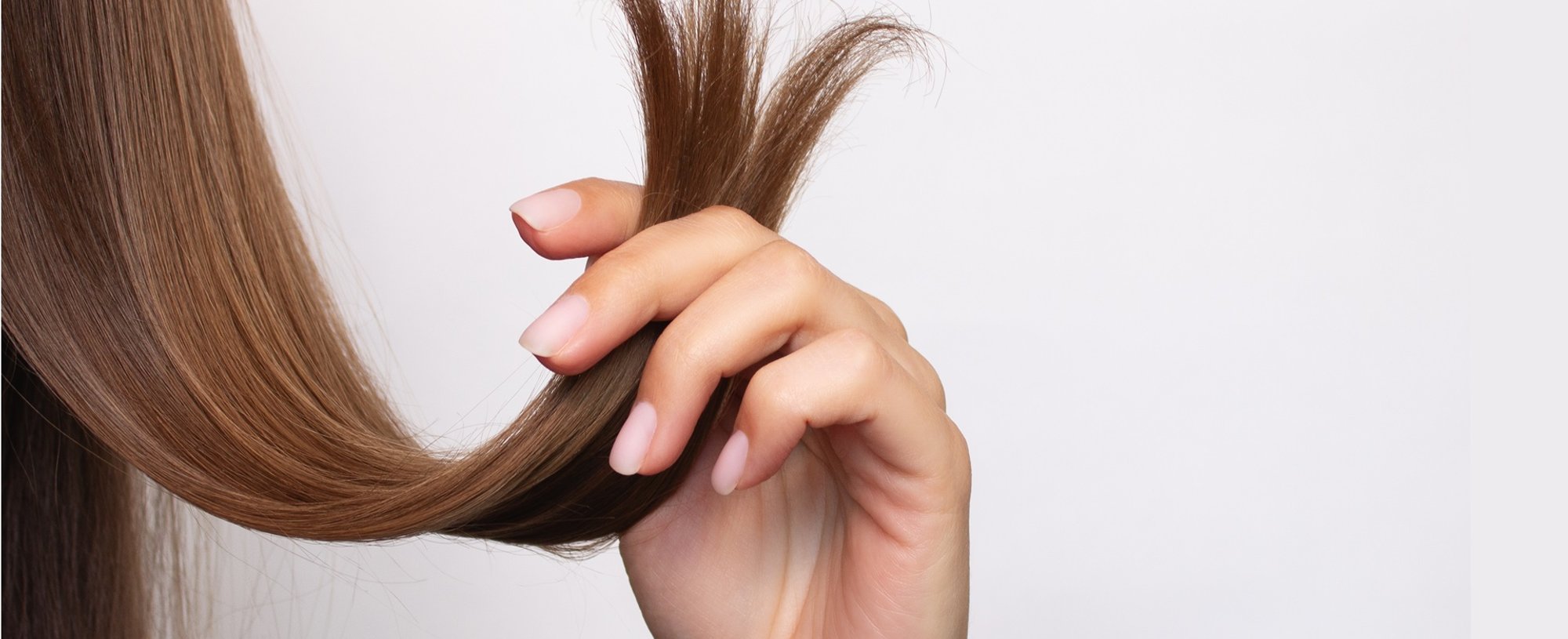 Mulher mostra as pontas de uma mecha de seu cabelo que podem ser reparadas por um óleo reparador de pontas