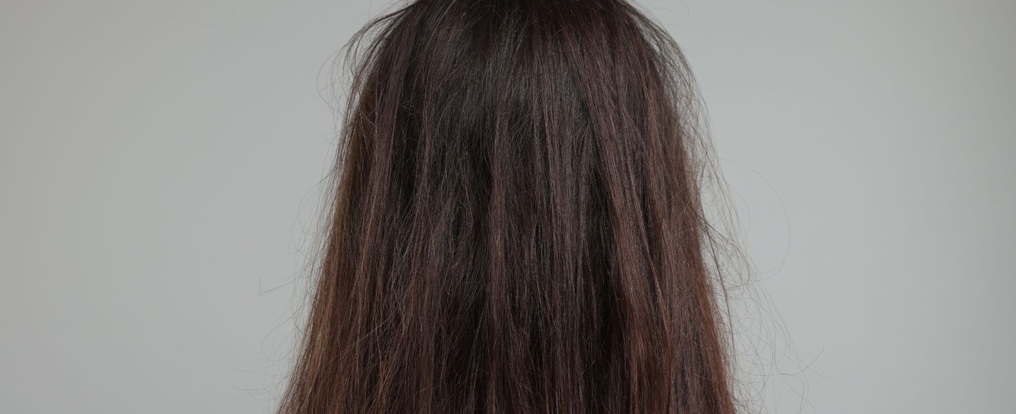 Mulher virada de costas com cabelo opaco com frizz em fundo cinza.