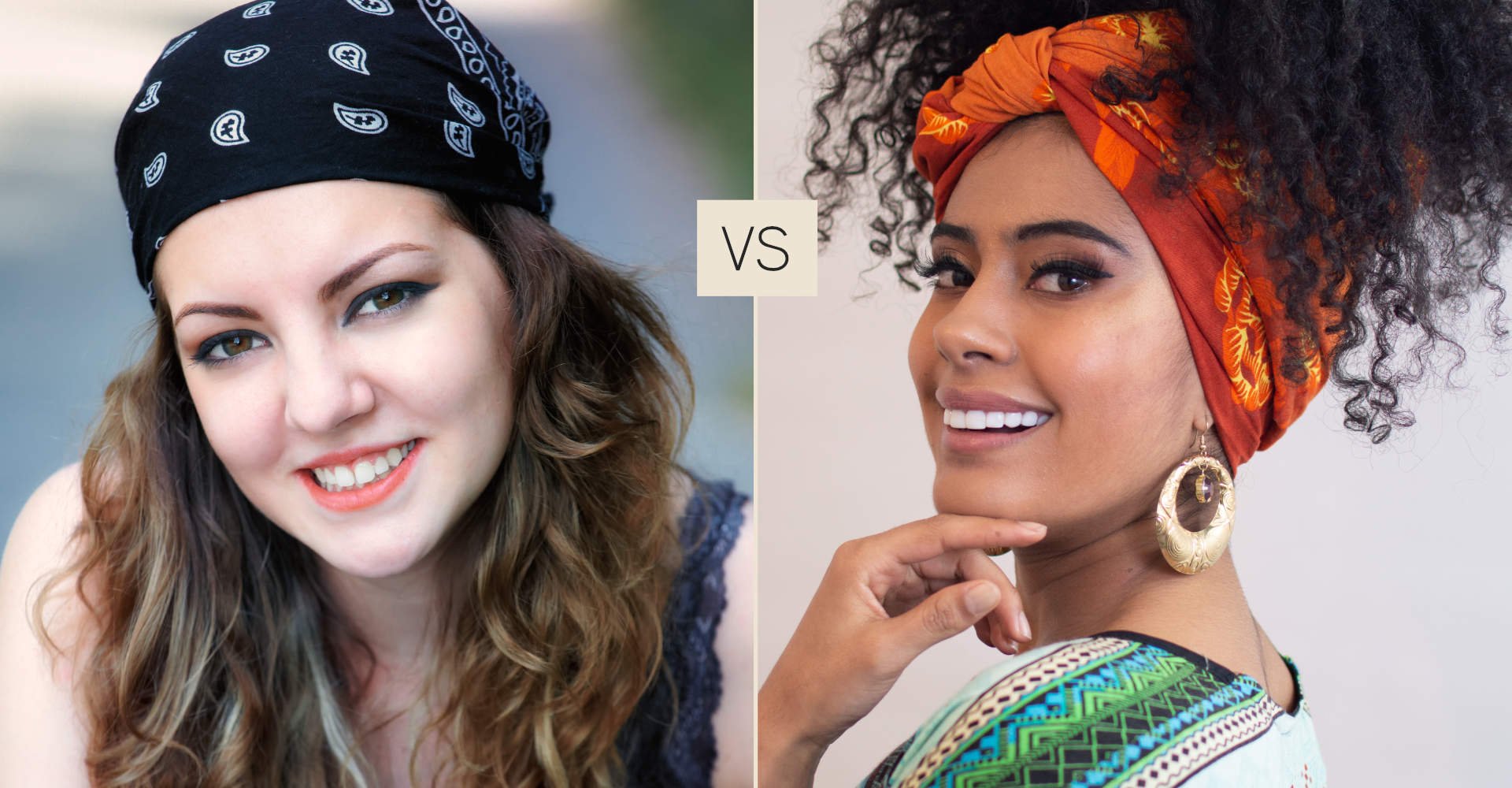 Imagem de duas modelos. Uma branca com bandana e a outra negra com turbante no cabelo