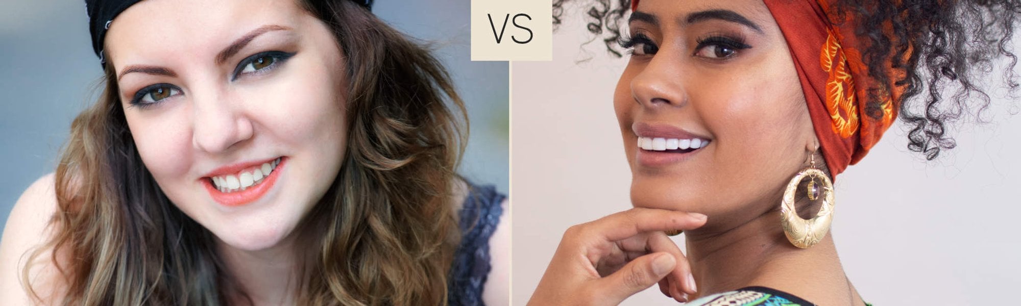 Imagem de duas modelos. Uma branca com bandana e a outra negra com turbante no cabelo