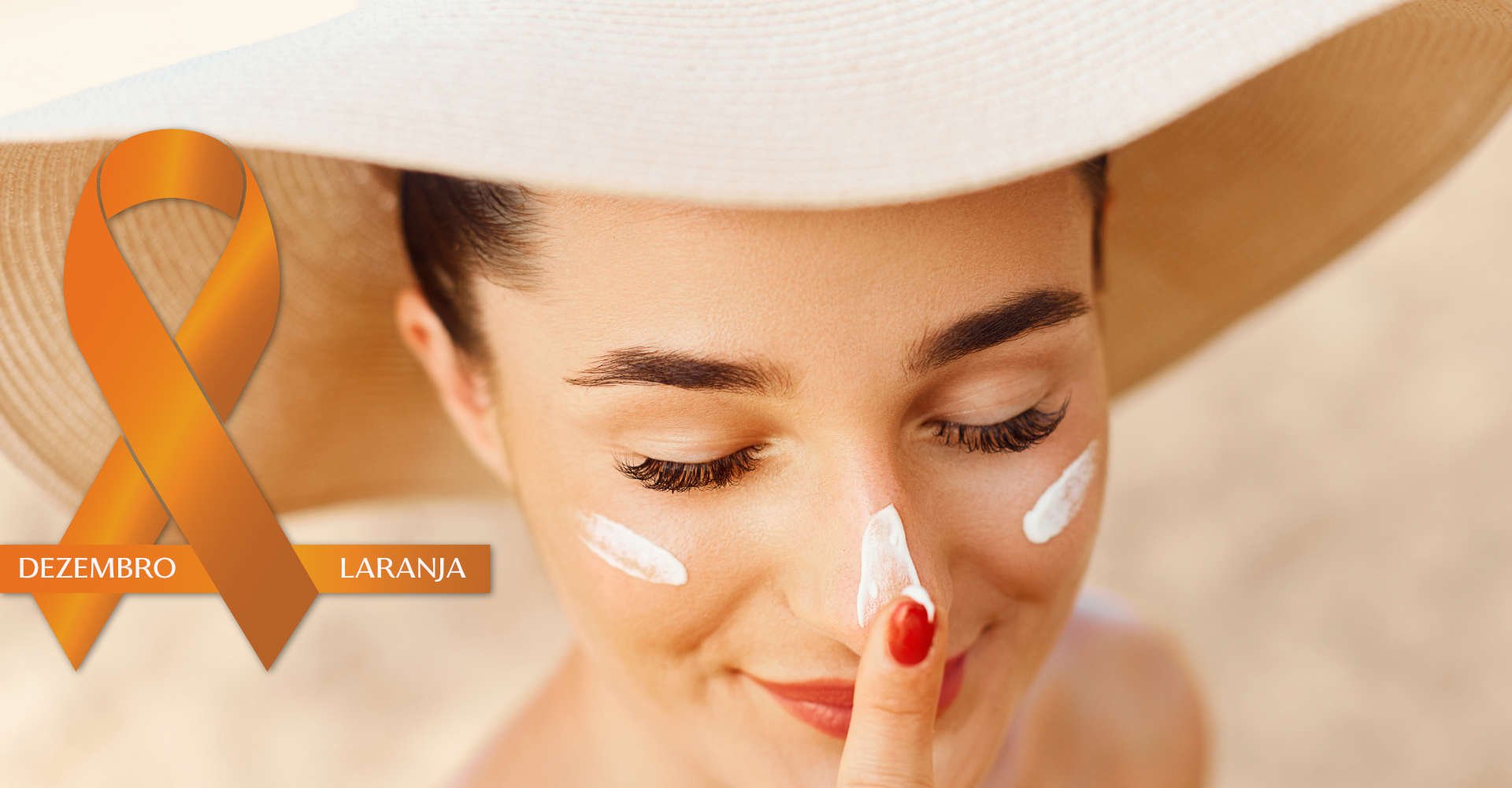 mulher com protetor solar em referência ao dezembro laranja, combate e prevenção ao câncer de pele.