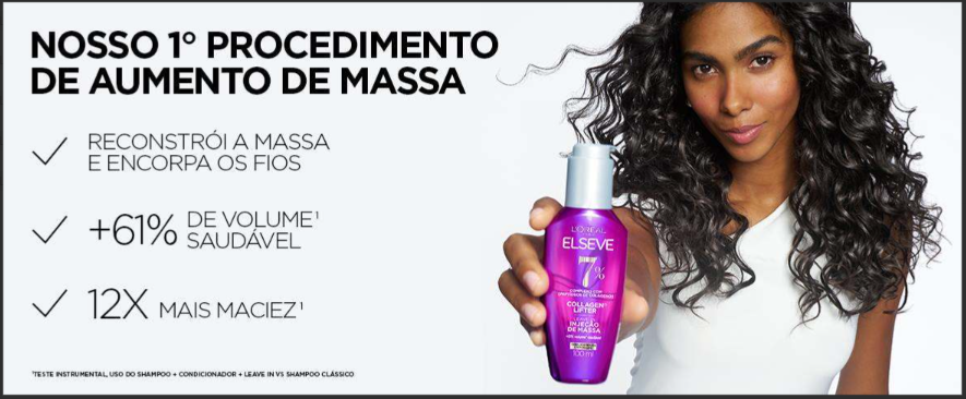 Mulher com cabelo cacheado volumoso ao lado do frasco Elseve Collagen Lifter, com texto sobre aumento de massa capilar, +61% de volume e 12x mais maciez.