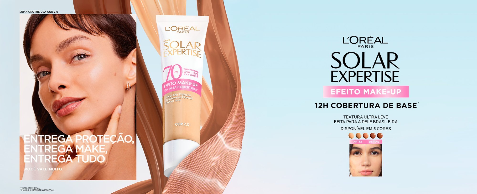 Foto de capa de Encontre a sua cor do Solar Expertise Efeito Make-Up com foto de modelo, do produto 3D e informações textuais.