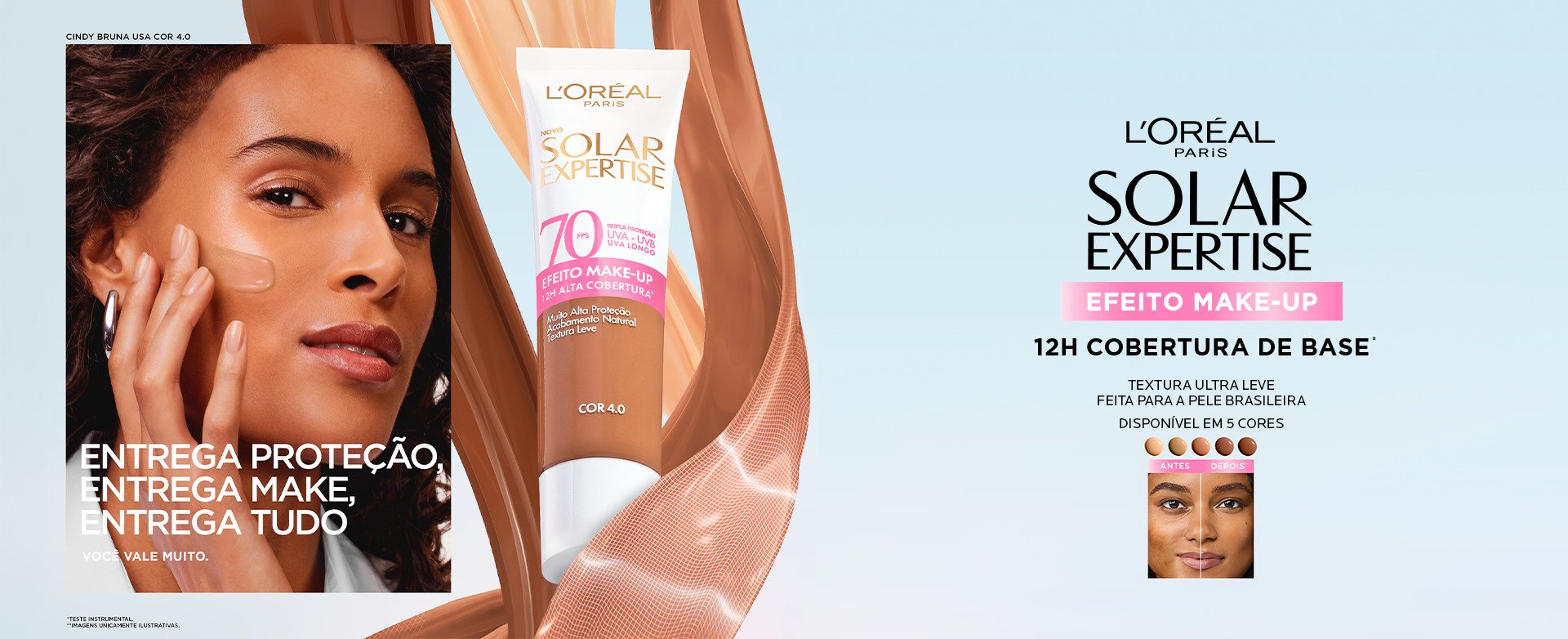 Foto de capa de Encontre a sua cor do Solar Expertise Efeito Make-Up com foto de modelo, do produto 3D e informações textuais.