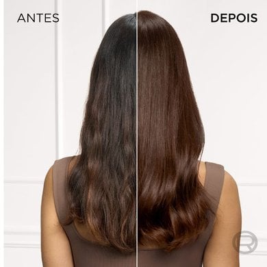 Comparativo antes e depois da coloração Excellence Sem Amônia de L'Oréal Paris, mostrando fios com mais brilho, cor castanho rica e aparência saudável.