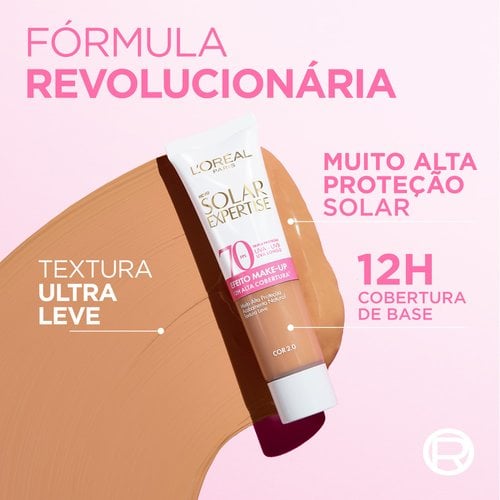 Embalagem do Protetor Solar Expertise FPS 70 Cor 2.0 sobre fundo rosa com destaques: fórmula revolucionária, textura ultra leve e 12h de cobertura de base.