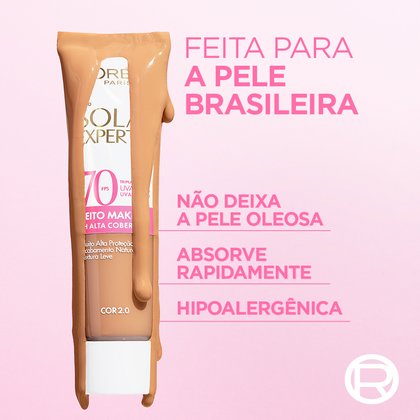 Bisnaga do Protetor Solar Expertise FPS 70 Cor 2.0 com produto escorrendo, destacando: feito para a pele brasileira, não oleosa, absorção rápida e hipoalergênico.