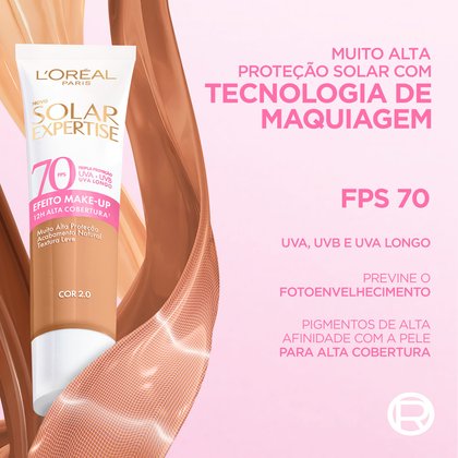 Protetor Solar Expertise FPS 70 Cor 2.0 com tecnologia de maquiagem, proteção UVA, UVB e UVA Longo, previne fotoenvelhecimento e oferece alta cobertura.
