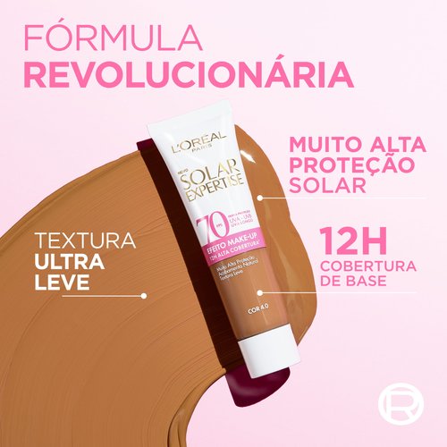 Embalagem do Protetor Solar Expertise Efeito Makeup com destaque para fórmula revolucionária, textura ultra leve e 12h de cobertura de base.