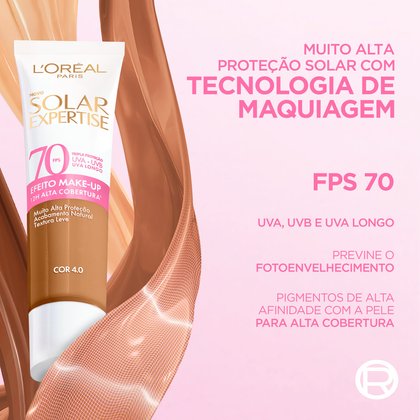 Protetor Solar Expertise Efeito Makeup FPS 70 com muito alta proteção solar, tecnologia de maquiagem e pigmentos de alta afinidade com a pele.