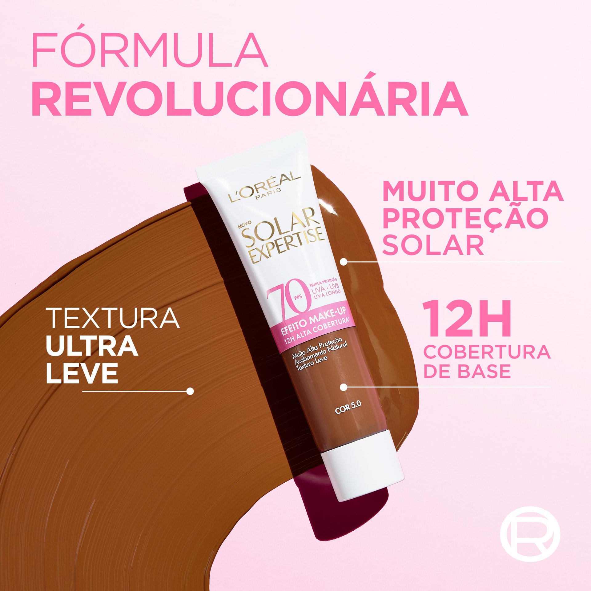 Protetor Solar com fórmula revolucionária, textura ultra leve, muito alta proteção solar e 12h de cobertura de base. Fundo rosa com destaque no produto.