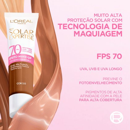 Protetor Solar Expertise FPS 70 com tecnologia de maquiagem: proteção UVA, UVB e luz visível, anti-fotoenvelhecimento e alta cobertura. Fundo rosa.