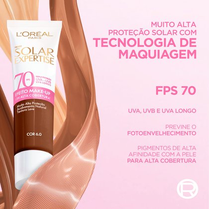 Embalagem do Protetor Solar Expertise FPS 70 com tecnologia de maquiagem: proteção UVA/UVB/luz visível, anti-fotoenvelhecimento e alta cobertura.