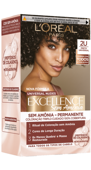 Embalagem de tintura L'Oréal Excellence Sem Amônia, tom 2U Preto Universal. Produto enriquecido com peptídeos de colágeno, garantindo 8x menos quebra.