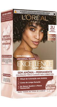 Embalagem de tintura L'Oréal Excellence Sem Amônia, tom 2U Preto Universal. Produto enriquecido com peptídeos de colágeno, garantindo 8x menos quebra.