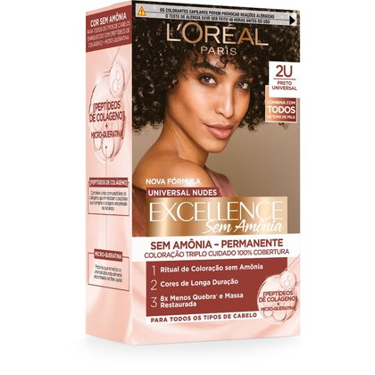 Embalagem de tintura L'Oréal Excellence Sem Amônia, tom 2U Preto Universal. Produto enriquecido com peptídeos de colágeno, garantindo 8x menos quebra.