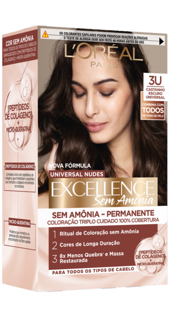 Caixa de tinta L'Oréal Excellence Sem Amônia, tom 3U Castanho Escuro Universal. Traz fórmula Universal Nudes enriched com peptídeos de colágeno e queratina.