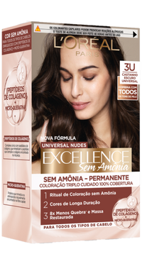 Caixa de tinta L'Oréal Excellence Sem Amônia, tom 3U Castanho Escuro Universal. Traz fórmula Universal Nudes enriched com peptídeos de colágeno e queratina.