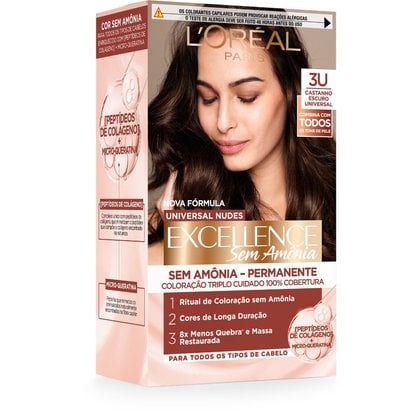 Caixa de tinta L'Oréal Excellence Sem Amônia, tom 3U Castanho Escuro Universal. Traz fórmula Universal Nudes enriched com peptídeos de colágeno e queratina.