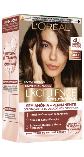 Embalagem de coloração permanente L'Oréal Excellence Sem Amônia, tom 4U Castanho Universal. Apresenta ritual de triplo cuidado e restauração capilar.
