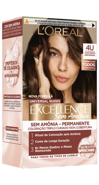 Embalagem de coloração permanente L'Oréal Excellence Sem Amônia, tom 4U Castanho Universal. Apresenta ritual de triplo cuidado e restauração capilar.