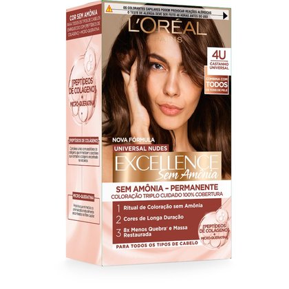Embalagem de coloração permanente L'Oréal Excellence Sem Amônia, tom 4U Castanho Universal. Apresenta ritual de triplo cuidado e restauração capilar.
