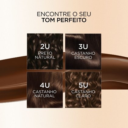 Imagem comparativa com 4 variações de cores capilares, variando do preto ao castanho claro, destacando a textura lisa e cacheada dos fios.