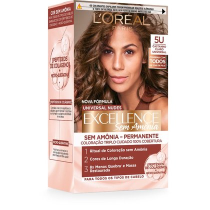 Embalagem de tinta de cabelo L'Oréal Excellence Sem Amônia, tom 5U Castanho Claro Universal. Promove triplo cuidado, 100% de cobertura e 8x menos quebra