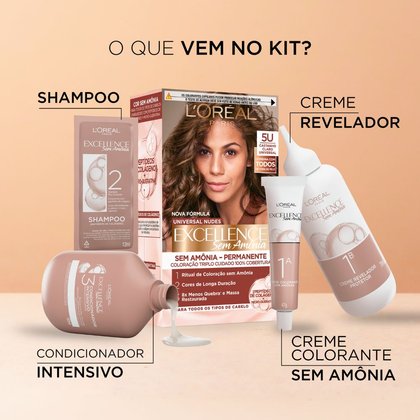 Visão geral do conteúdo do kit de tintura permanente, exibindo os 4 frascos/sachês de aplicação e a caixa do produto L'Oréal.
