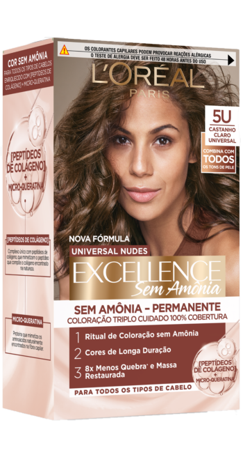 Embalagem de tinta de cabelo L'Oréal Excellence Sem Amônia, tom 5U Castanho Claro Universal. Promove triplo cuidado, 100% de cobertura e 8x menos quebra.