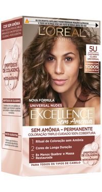 Embalagem de tinta de cabelo L'Oréal Excellence Sem Amônia, tom 5U Castanho Claro Universal. Promove triplo cuidado, 100% de cobertura e 8x menos quebra.
