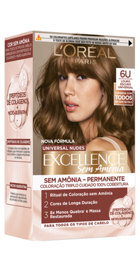 Caixa de tinta de cabelo L'Oréal Excellence Sem Amônia, tom 6U Louro Escuro Universal. Promove cores de longa duração, massa restaurada e triplo cuidado.