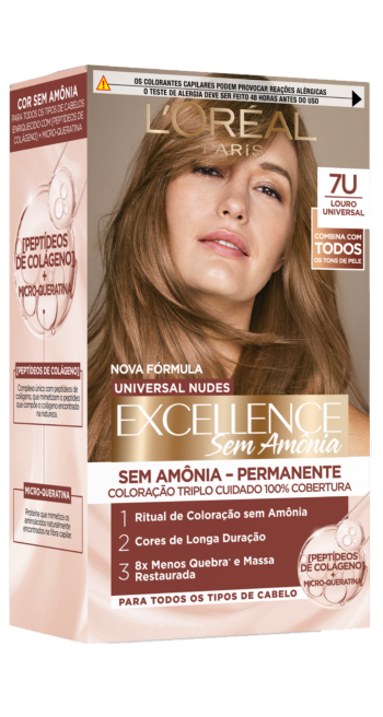 Caixa de coloração permanente L'Oréal Excellence Sem Amônia, tom 7U Louro Universal. Destaca 100% de cobertura dos fios e formulação com micro-queratina.