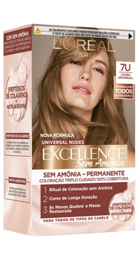 Caixa de coloração permanente L'Oréal Excellence Sem Amônia, tom 7U Louro Universal. Destaca 100% de cobertura dos fios e formulação com micro-queratina.