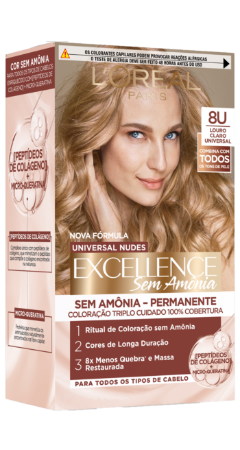 Embalagem de tinta capilar L'Oréal Excellence Sem Amônia, tom 8U Louro Claro Universal. Traz combinação de peptídeos de colágeno para fios mais fortes.