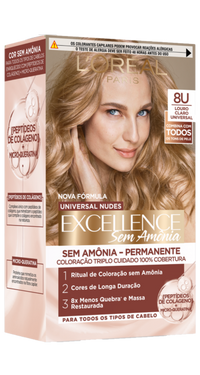  Embalagem de tinta capilar L'Oréal Excellence Sem Amônia, tom 8U Louro Claro Universal. Traz combinação de peptídeos de colágeno para fios mais fortes.