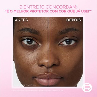 Modelo com antes e depois de usar Solar Expertise Efeito Makeup.