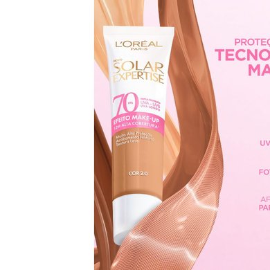 Asset de Solar Expertise Efeito Makeup com foto do produto em 3D na cor 2.0 e textos do lado direito.