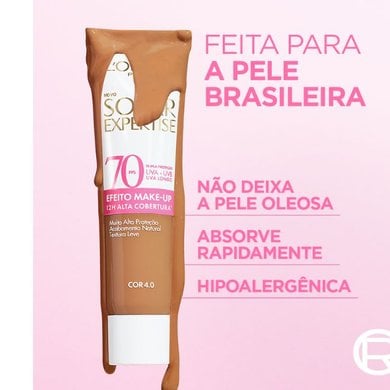 Foto de Solar Expertise Efeito Makeup com foto do produto em 3D na cor 4.0 à esquerda e texto à direita.